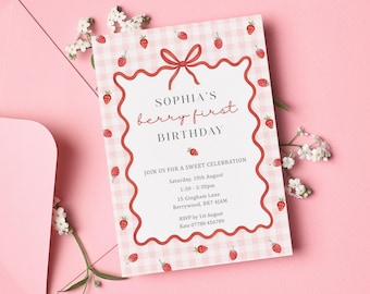 Plantilla de invitación para el primer cumpleaños con temática de fresas • Fiesta de fresas (Descarga digital)