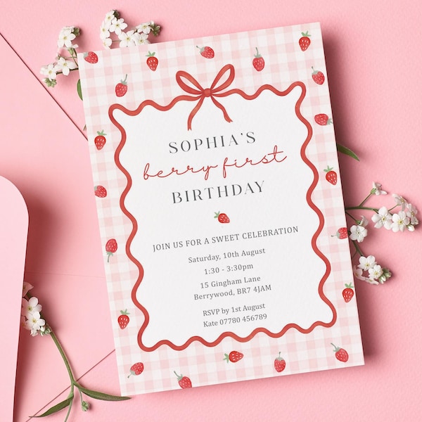 Berry First Birthday Invitation Template • Strawberry Party (Digital Download)