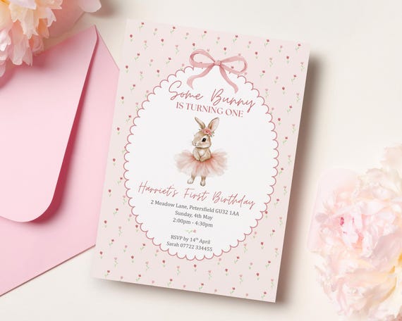 Some Bunny is One Birthday Invitation • Editable Canva Template • Girl Birthday Invite Any Age 1 2 3 4 • Pink Floral Bunny Party