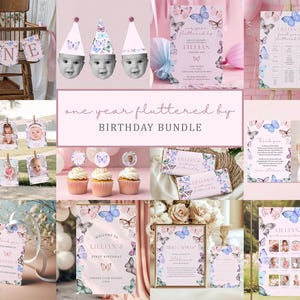May include: A collection of pink and butterfly-themed birthday party decorations. Includes a high chair banner, party hats, invitations, cupcake toppers, and a welcome sign. The text reads "one year fluttered by BIRTHDAY BUNDLE."