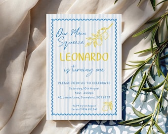 May include: A rectangular invitation with a blue and white striped background and a blue scalloped border. The text "Our Main Squeeze LEONARDO is turning one" is in blue and yellow. Includes event details and a lemon branch illustration.
