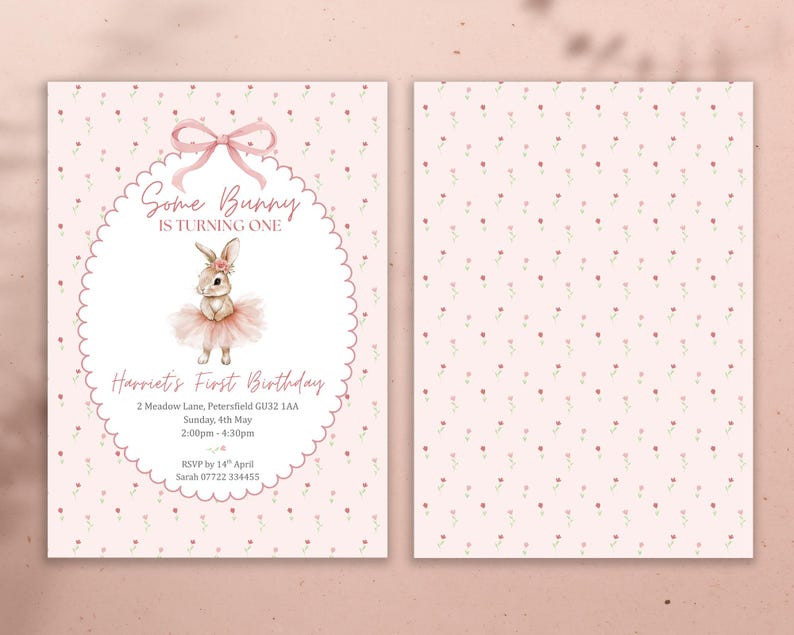 May include: A two-sided invitation with a pink floral pattern. The front features a bunny illustration in a tutu, the text "Some Bunny Is Turning One," and party details. The back has a repeating floral pattern.