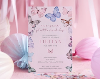 One Year Fluttered By First Birthday Invite Template • Editable Canva Invitation • Butterfly Birthday Invitation • UK Print Option