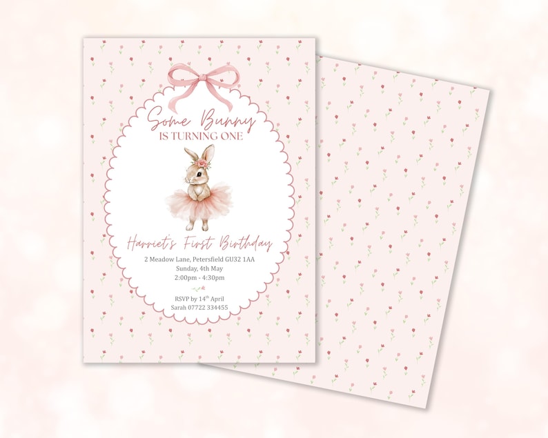 May include: A pink birthday invitation with a floral pattern and the text "Some Bunny Is Turning One." The invitation features a watercolor illustration of a bunny wearing a tutu. The text includes the name "Harriet" and event details.