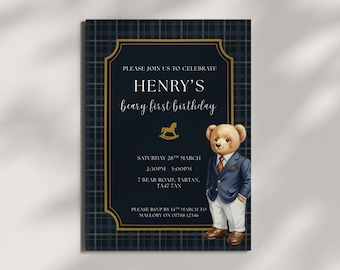 Beary First Birthday Invitation • Editable Canva Template • Boys Ralph Lauren Bear Birthday Invite • Navy Tartan Posh Polo Teddy Bear Party