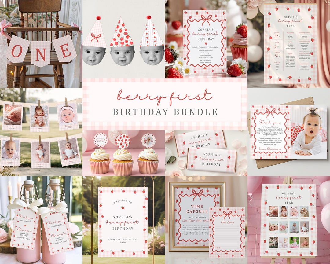 Berry First Birthday Bundle Canva • Pink Gingham Strawberry Coquette ...