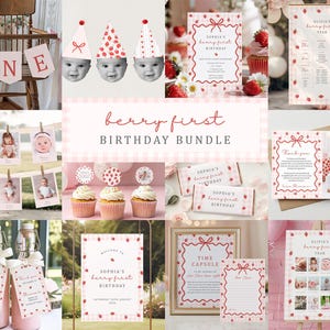 Puede incluir: Un conjunto de artículos para fiestas con temática de fresas. Incluye una pancarta que dice "ONE", invitaciones, adornos para cupcakes y una cápsula del tiempo. Se muestra el texto "berry first BIRTHDAY BUNDLE".