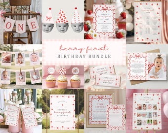 Può includere: Una collezione di articoli per feste a tema fragola. Include uno striscione con la scritta "ONE", inviti, decorazioni per cupcake e una capsula del tempo. Il testo "berry first BIRTHDAY BUNDLE" è visualizzato.