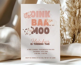 OINK BAA MOO Turning Two Invitation • Editable Canva Template • Farm Animal 2nd Birthday Invite • Digital & Printable • Rustic Barnyard