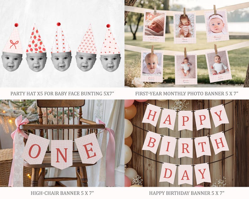 Berry First Birthday Bundle Canva • Pink Gingham Strawberry Coquette ...