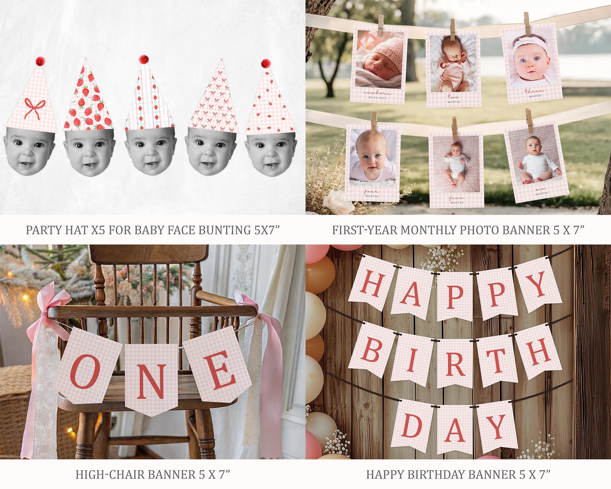 Berry First Birthday Bundle Canva • Pink Gingham Strawberry Coquette ...
