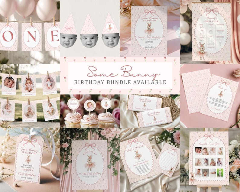 Some Bunny is One Birthday Invitation • Editable Canva Template • Girl Birthday Invite Any Age 1 2 3 4 • Pink Floral Bunny Party image 3