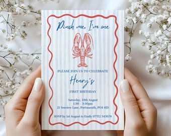 Lobster First Birthday Invitation • Pinch Me I'm One Party Invite • Crawfish Nautical Blue Stripe Canva Template