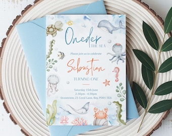 Faire-part d'anniversaire Oneder the Sea • Modèle sur toile modifiable • Invitation à une première fête sous l'océan • Téléchargement instantané • Option d'impression au Royaume-Uni