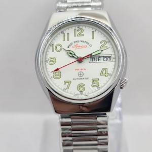 Vintage West End Sowar Prima Watch | Automatic 21 Jewels | Swiss Made Men&#39;s Wristwatch | Day-Date | White Dial |