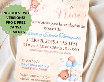 Niño o Niña? / Boy or Girl? - Gender Reveal Invitation - Bear Theme - Spanish Baby Shower Invite - Editable Canva Template