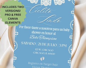 Cielito Lindo Baby Shower Gender Reveal Invite Template, Baby Blue, Easy to Edit