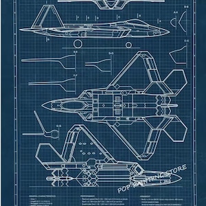 F-22 Raptor Aviation Blueprint Poster – Fighter Jet Wall Art – 20x30 cm – Aircraft Plan Print