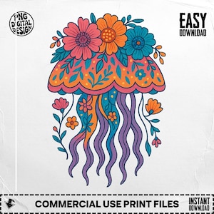 Floral Jellyfish PNG, Jellyfish Clipart, Ocean Png, Floral Png, Boho Jellyfish, Sublimation Png, Digital Download