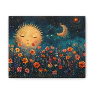 Sun and Moon Floral Canvas Art Print, Boho Wall Decor, Celestial Artwork, Home Decor Gift, Nature Inspired Art