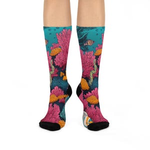 Vibrant Coral Reef Cushion Crew Socks - Ocean-Inspired Comfort: Beachwear, Gifts for Sea Lovers, Summer Accessories, Fun Sock Collection