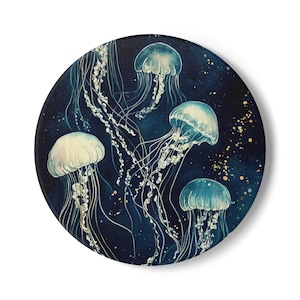 Jellyfish Art Ceramic Coaster, Nautical Home Decor, Ocean Lover Gift, Beachhouse Accessory, Coastal Tableware