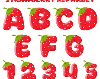Cute Strawberry Alphabet and Numbers Font Set, PNG Format Alpha Doodle Letters for Digital Arts & Crafts