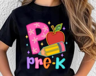 Pencil Apple Back to School PNG Bundle, Preppy Teacher First Day of School Shirt Design, P is for Pre-K, Pre-K Kindergarten 1st Grade Png