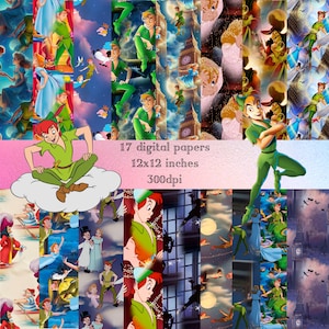 May include: A collection of 17 digital papers featuring illustrations of Peter Pan and other characters from the animated film. The papers are 12x12 inches and 300dpi. The color palette includes greens, blues, and pinks.