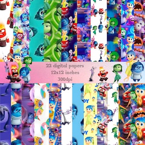 Peut inclure: Ensemble de 22 papiers numériques avec des personnages du film d'animation. Les papiers mesurent 30,48 cm x 30,48 cm et ont une résolution de 300 dpi. Les motifs incluent divers personnages et des motifs colorés.