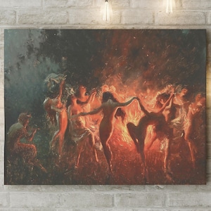 Joseph Tomanek &quot;Fire Dance&quot; Canvas Print - Nymphs Dancing Wall Art - Mythological Nymphs & Pan&#39;s Flute Art - Framed / Unframed Classical Art