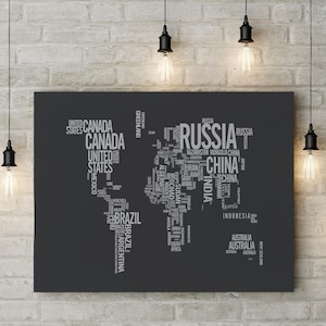 Impression sur toile typographique carte du monde - art de la carte avec texte noir et blanc - décoration de bureau éducative et élégante - décoration d'intérieur moderne encadrée/sans cadre