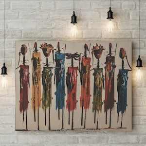 African Tribal Figures Canvas Art - Colorful Abstract Ethnic Wall Decor - Afrocentric Painting Print for Living Room or Office