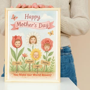 Biglietto per la festa della mamma per bambini/Modello Canva stampabile e modificabile/Da 1 a 4 fiori con foto e nome/Regalo fai da te per la mamma