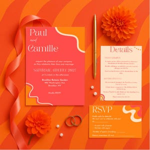 Modèle de faire-part de mariage rétro coloré – Design 70s moderne et funky - Pack Invitation , RSVP, Carte détails - Editable avec Canva