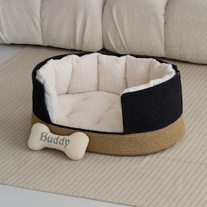 Black Jute Pet Bed, Custom Dog  Basket with Name Tag, Natural Eco Pet Bed, Minimalist Pet Gift ,Handmade Dog Bed, Custom Cat Basket