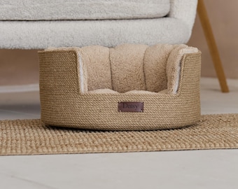 Personalized Jute Pet Bed, Custom Dog  Basket with Name Tag, Natural Eco Pet Bed, Minimalist Pet Gift ,Handmade Dog Bed, Custom Cat Basket