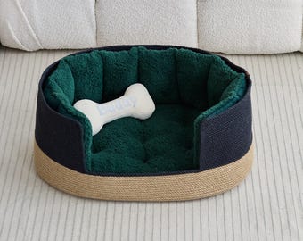 Coloured Jute Pet Bed, Custom Dog  Basket with Name Tag, Natural Eco Pet Bed, Minimalist Pet Gift ,Handmade Dog Bed, Custom Cat Basket