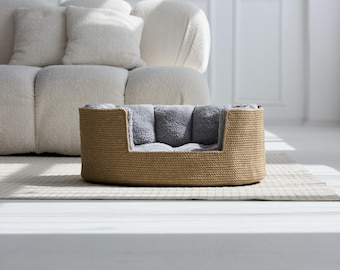 Personalized Jute Pet Bed, Custom Dog  Basket with Name Tag, Natural Eco Pet Bed, Minimalist Pet Gift ,Handmade Dog Bed, Custom Cat Basket