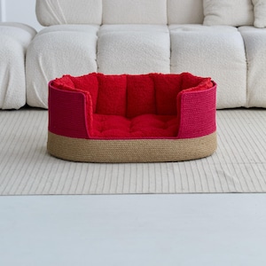 Red Jute Pet Bed, Custom Dog  Basket with Name Tag, Natural Eco Pet Bed, Minimalist Pet Gift ,Handmade Dog Bed, Custom Cat Basket