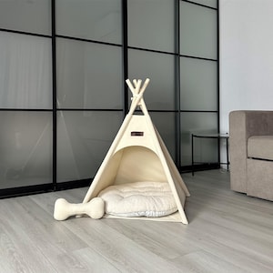 Personalized Pet Teepee with Name, Cotton Dog and Cat Tent with Soft Fur Cushion, Boho Pet Bed, Dog Teepee House for Small & Medium Pets