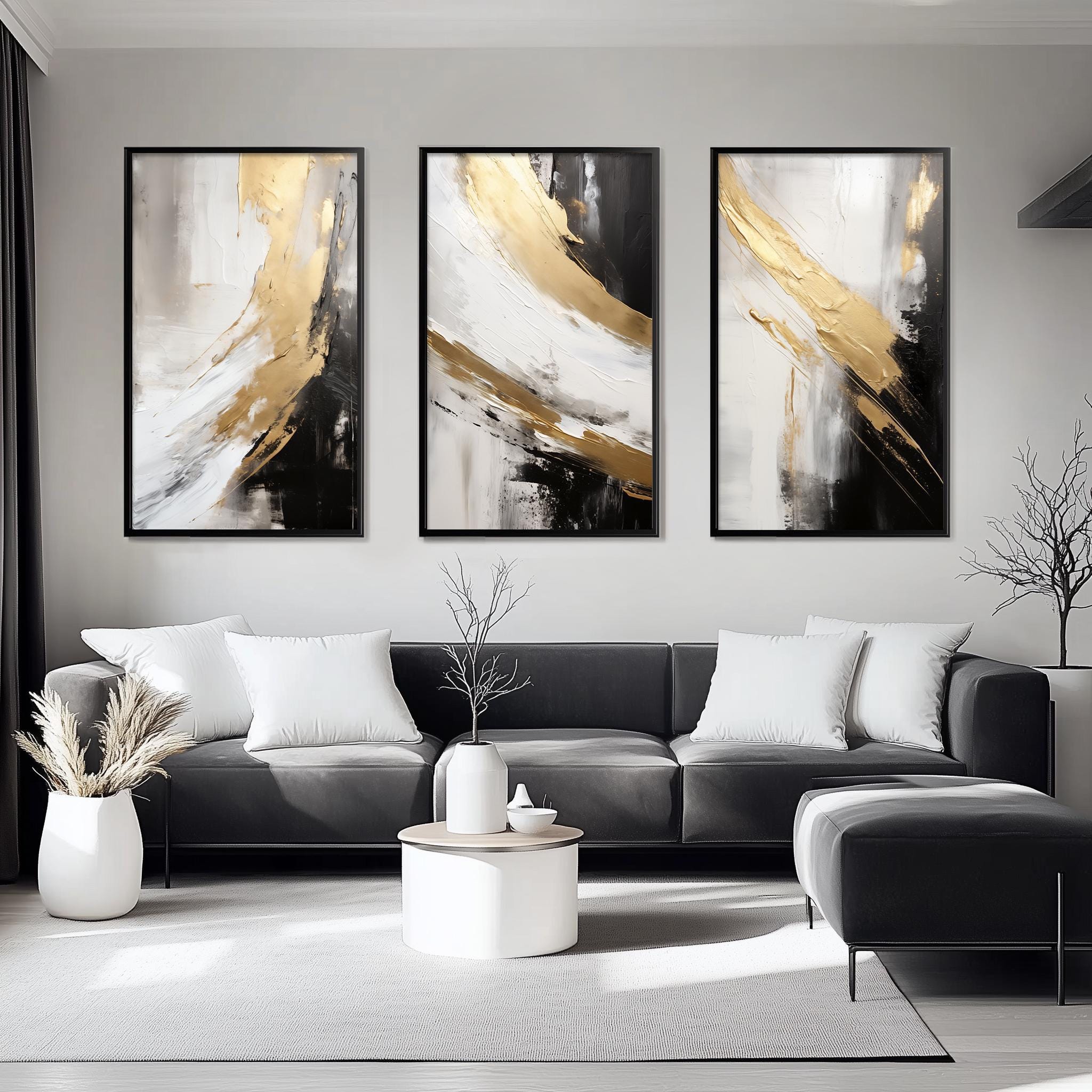 Arte de pared neutro, juego de 3, arte de pared abstracto en blanco, negro y dorado, arte imprimible abstracto monocromático moderno con dorado, arte de pared moderno de lujo