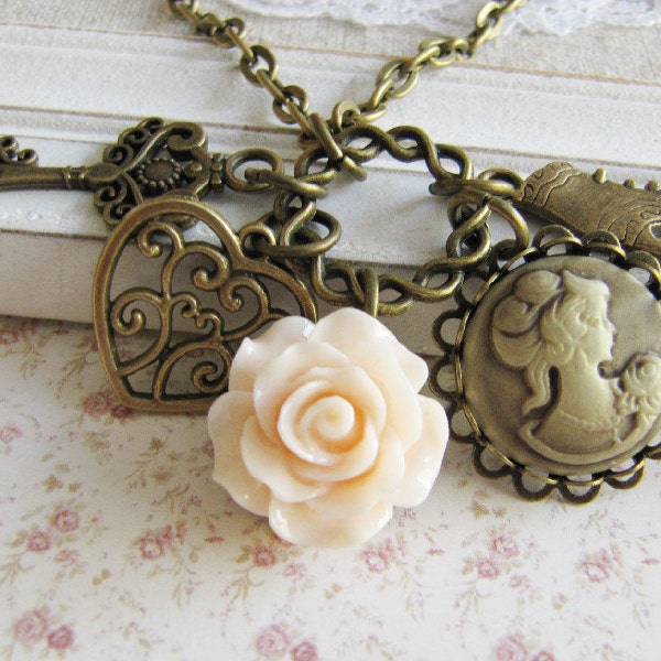 Cameo charm necklace, peach flower necklace, bronze jewelry, vintage style jewelry, for her, Europe