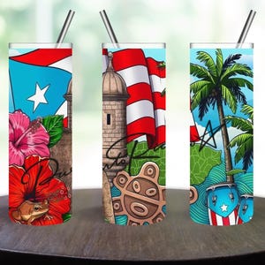 Handmade 20oz Puerto Rico Culture Skinny Tumbler – Hibiscus, Coquí, Taino & Flag Design