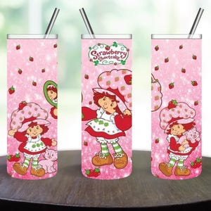 Handmade 20oz Strawberry Sweetheart Skinny Tumbler – Retro Strawberry Shortcake-Inspired Design