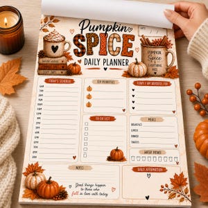 Może przedstawiać: Notatnik Pumpkin Spice Daily Planner z jesiennymi ilustracjami kubków, dyń i liści. Strona zawiera sekcje na harmonogram od 6:00 do 21:00, priorytety, listę zadań, posiłki, spożycie wody oraz miejsce na notatki.