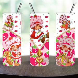 Handmade 20oz Strawberry Sweetheart Skinny Tumbler – Retro Strawberry Shortcake-Inspired Design