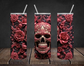Skull and Pink Roses Tumbler – Gothic Floral Stainless Steel Cup