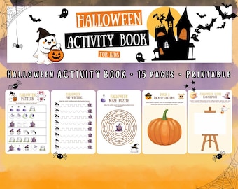 May include: A Halloween Activity Book for Kids, featuring a cartoon ghost with a pumpkin, a haunted house, bats, and spiders. The book includes patterns, pre-writing exercises, a maze, a Jack-o-Lantern activity, and a Halloween scene masterpiece. The book has 15 pages.
