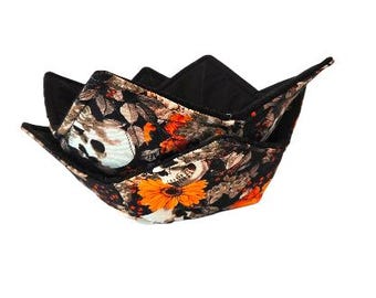 Set of 2 Bowl Cozies, Microwave Safe, Skulls and Flowers Cotton Print in Orange and Black - Halloween/Gothic/Day of Dead-Free Shipping
